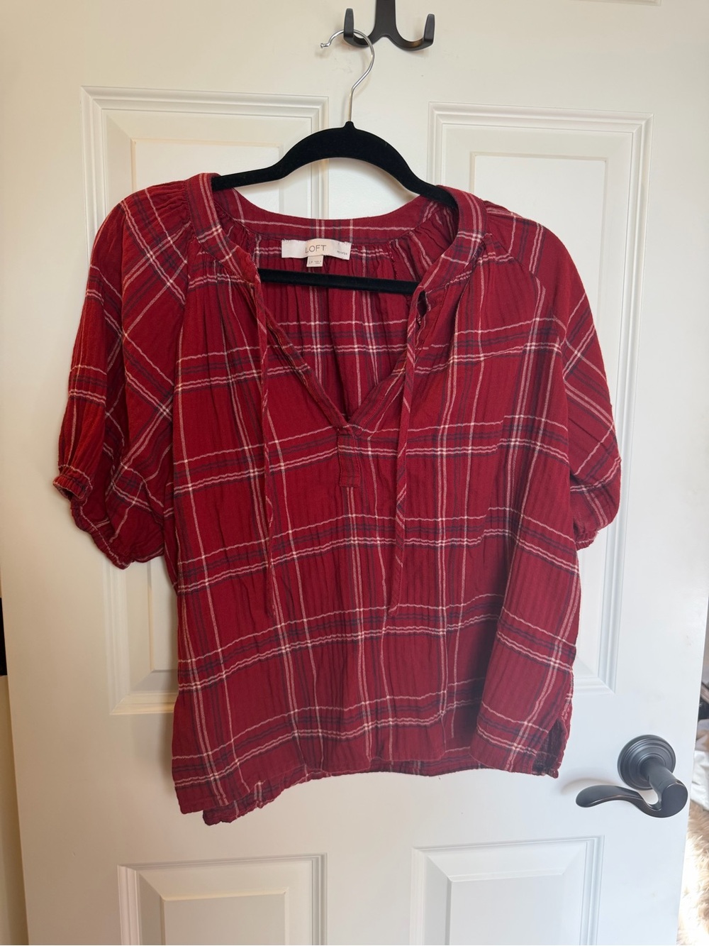 LOFT Red Plaid Split V-Neck Tunic
